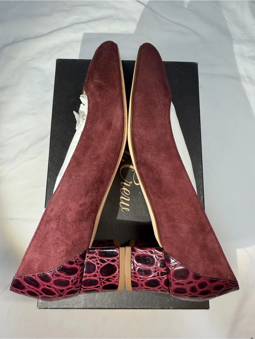 J. Crew Classic Women's Suede Pumps w Stamped Croc Heel. 8Wmn. Vintage Cabernet